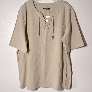 Coofandy Cream Short Sleeve Tie Up V-Neck Top